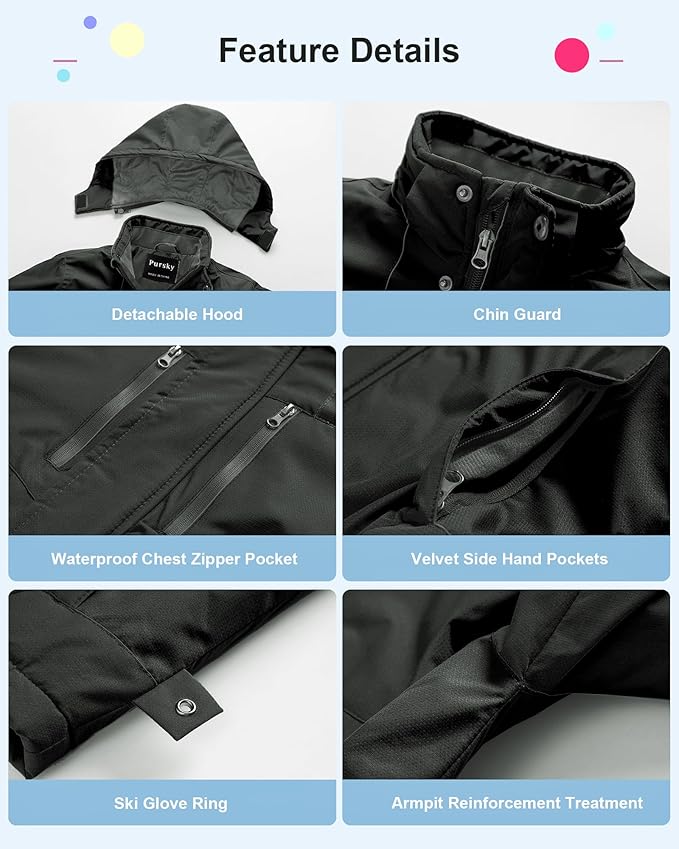 Pursky Boy's Waterproof Ski Jacket Kids Winter Snow Coats Fleece Raincoats Parka