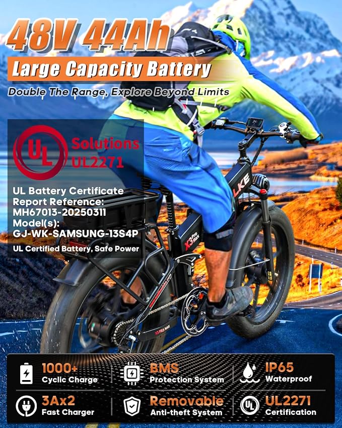 W Wallke 2025 X3 ProMax MAX Folding Dual Motor Electric Bike, 48V 44Ah/22Ah Long Range Adults Ebike, 26" Fat Tire All Terrian Full Suspension 31-34 MPH Fast E-Bike, 7-Speed Mountain e Bicycle, UL2849