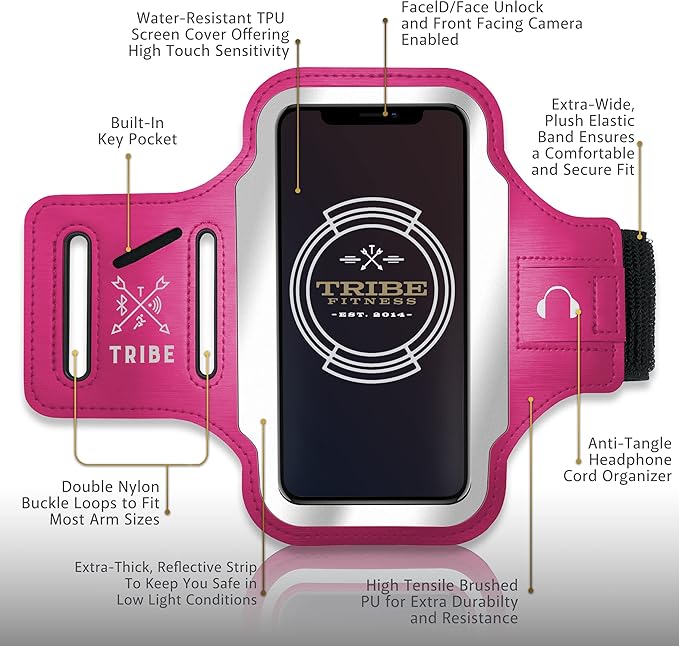 TRIBE Running Phone Holder Armband. iPhone & Galaxy Cell Phone Sports Arm Bands for Women, Men, Runners, Jogging, Walking, Exercise & Gym Workout. Fits All Smartphones. Adjustable Strap, CC/Key Pocket