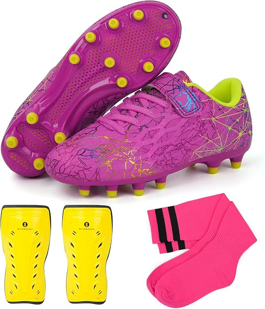 brooman Kids Firm Ground Soccer Cleats Girls Football Cleats with Shin Guards and Soccer Socks