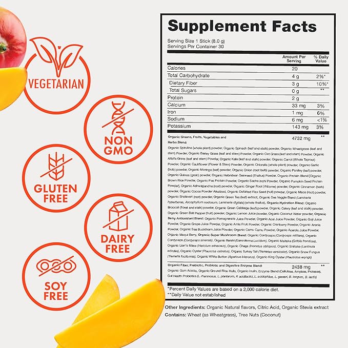 Zena Nutrition Organic Super Greens Powder, 70+ Superfoods, 0 Sugar, 3G Fiber, Spirulina, Chlorella, Antioxidants, Prebiotics/Probiotics, Digestive Enzymes, Mango, 30 Drink Mix Packets