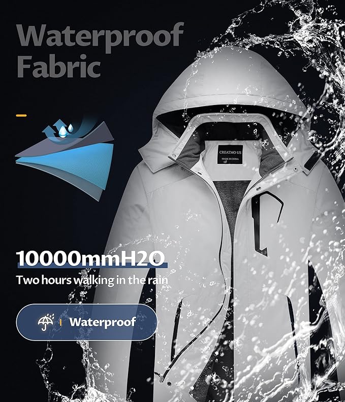 CREATMO US Men's Mountain Waterproof Ski Jacket - Windproof Snowboarding Warm Winter Coat Raincoat