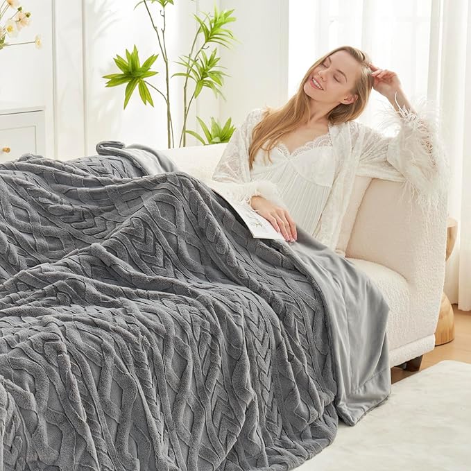 Cozy Bliss Faux Fur Throw Blanket for Couch, Jacquard Fuzzy Plush Soft Thick Winter Throw Blanket for Sofa Bed Living Room Bedroom,50"x60" Grey