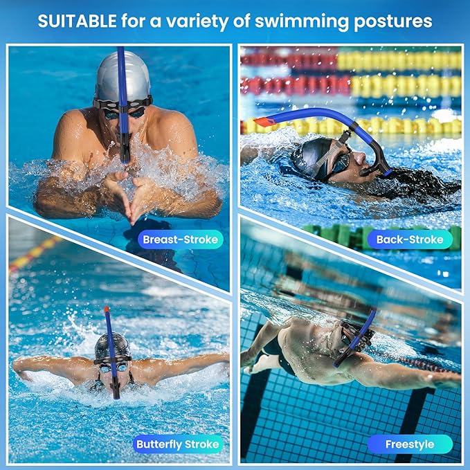 Swimmer's Snorkel for Lap Swimming, Adult Snorkeling Gear Swim Training, Center-Mount Silicone Mouthpiece One-Way Purge Valve in Pool and Open Water