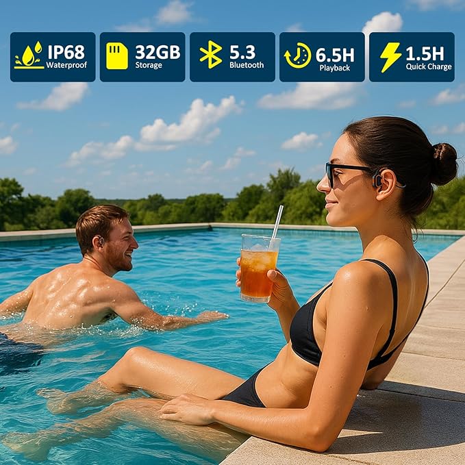 Bone Conduction Swimming Headphones – IP68 Waterproof Open-Ear Bluetooth 5.3 with 32GB MP3 Player, Underwater Swim Headset for Pool Training, Orange