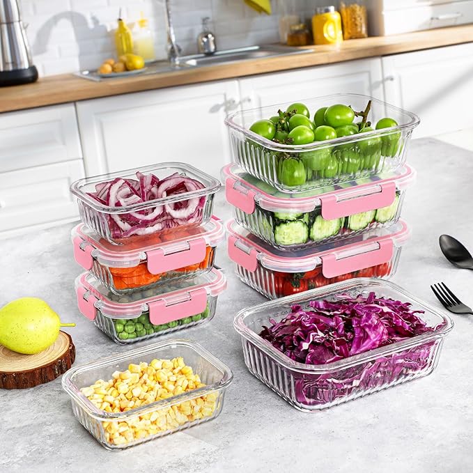 10 Packs Glass Meal Prep Containers with Lids, Glass Food Storage Containers Set, Airtight Lunch Containers, Microwave, Oven, Freezer and Dishwasher Safe, Pink