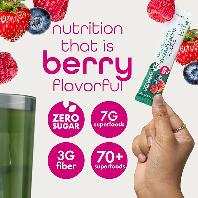 Zena Nutrition Organic Super Greens Powder, 70+ Superfoods, 0 Sugar, 3G Fiber, Spirulina, Chlorella, Antioxidants, Prebiotics/Probiotics, Digestive Enzymes, Mixed Berry, 30 Drink Mix Packets