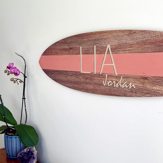 Personalized Wooden Surfboard Wall Decor – Custom Name Surfboard Sign for Nursery, Playroom, or Coastal Room – Decorative Surf Board Wall Art-2 Sizes, 12 Colors