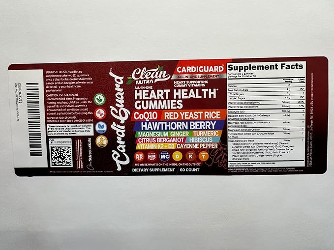 Clean Nutraceuticals Coq10 Gummies | Red Yeast Rice Hawthorn Berry Ginger Turmeric Citrus Bergamot Hibiscus Vitamin K2+D3 Magnesium Glycinate Cayenne Pepper Fenugreek Orange Flavor CardiGuard