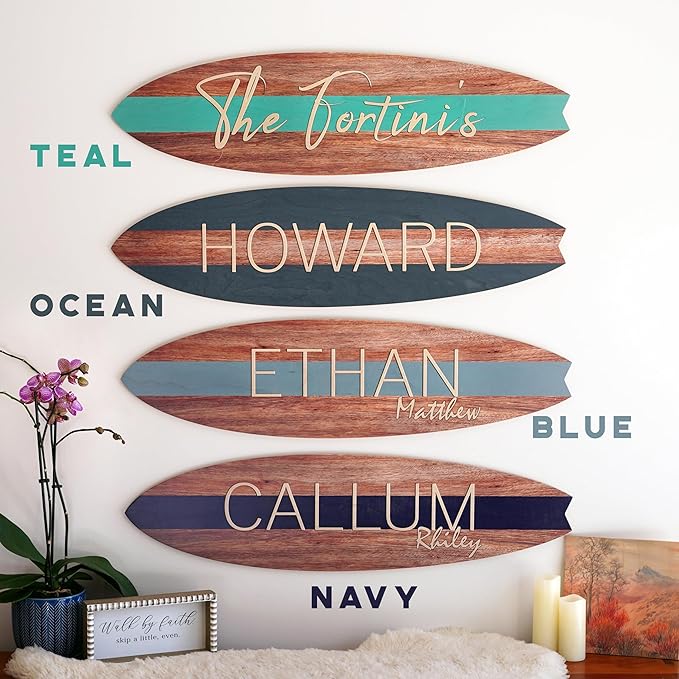 Personalized Wooden Surfboard Wall Decor – Custom Name Surfboard Sign for Nursery, Playroom, or Coastal Room – Decorative Surf Board Wall Art-2 Sizes, 12 Colors