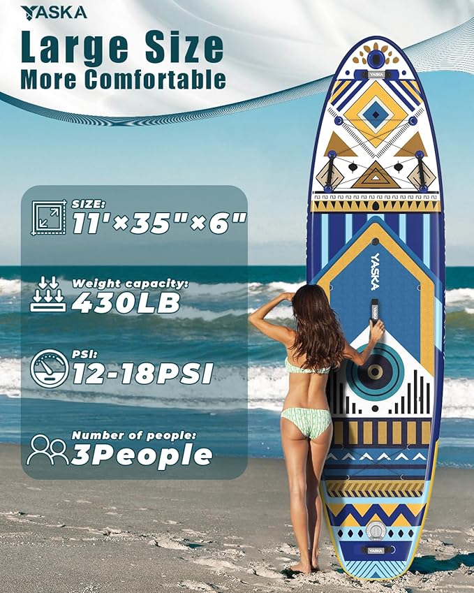 YASKA Inflatable Stand Up Paddle Board - 11ft Extra Wide Paddleboard with Premium SUP Board Accessories,Camera Mount,Non-Slip EVA Deck,5 Handles,Youth/Adult
