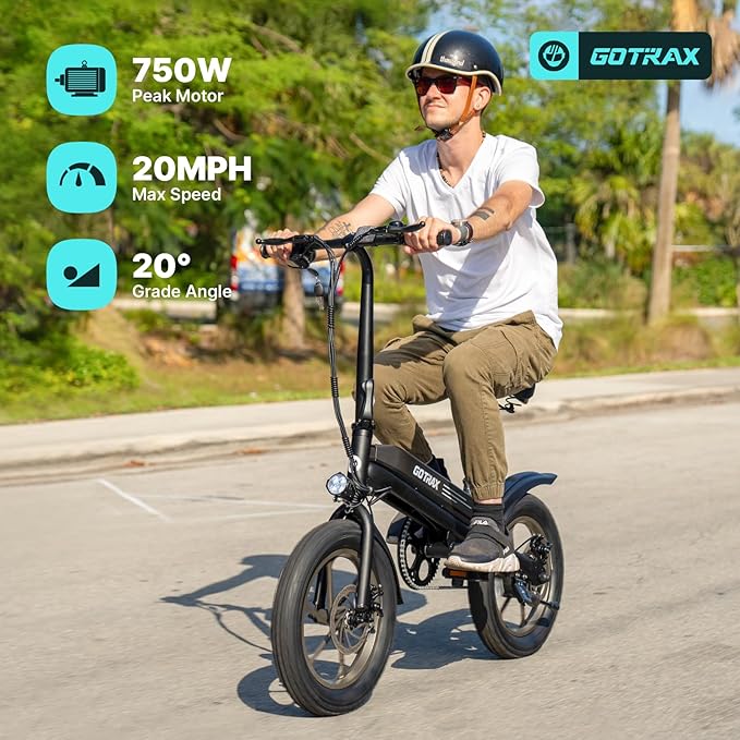 Gotrax S3 Electric Bike, 16x3.0 Fat Tire Electric Bicycle Adults, 750W Peak Motor, Max Range 25 Miles, Up to 20 Mph, Removable Battery, Adjustable Seat, Folding Electric Bike for Adults/Teens 13+