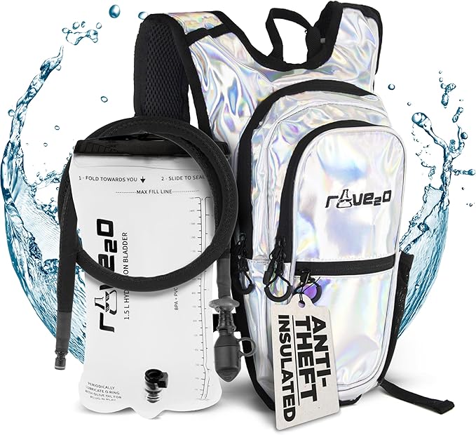 Rave Hydration Backpack β Anti-Theft Festival Hydration Pack with 1.5L Leakproof TPU Bladder β Slim, Insulated Water Pack with Secret Pockets & Breathable Back β for Raves, Music Festivals, EDC