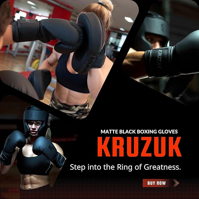Kruzak Matte Black Boxing Gloves and Pads, Boxing Gloves Training Set for Kickboxing and Muay Thai MMA Training - Boxing Kit for Adults with Punching Pads for Martial Arts and Karate