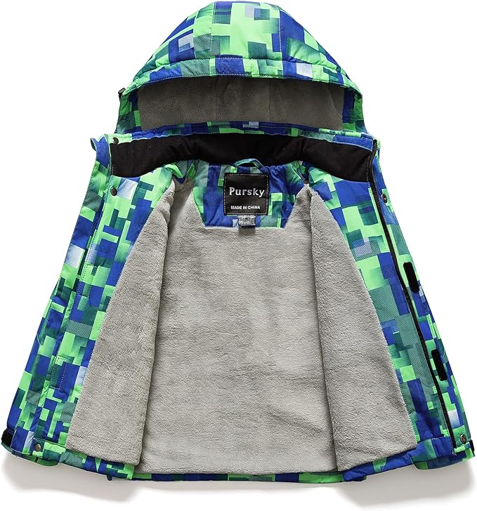 Pursky Boy's Waterproof Ski Jacket Kids Winter Snow Coats Fleece Raincoats Parka
