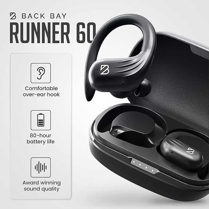 Back Bay Audio Runner 60 Wireless Running Earbuds, 80 Hour Long Battery Life Over The Ear with EarHooks, Wrap Around Earphones Wireless Bluetooth Earbuds with Microphone, Earphones in Ear Headphones