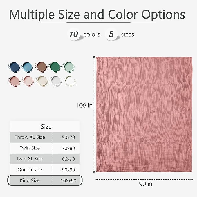 Carriediosa 100% Cotton Muslin Throw Blanket 108" X 90" King Size,4-Layers Summer Gauze Throws for Bed Couch,Soft Lightweight Breathable Linen Blankets Bedspread for Adults All Season,Mauve