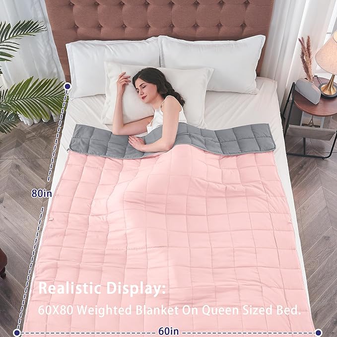 yescool Weighted Blanket for Adults (15 lbs, 60" x 80", Pink Grey) Cooling Heavy Blanket for Sleeping Perfect for 140-160 lbs, Queen Size Breathable Blanket with Premium Glass Bead, Machine Washable