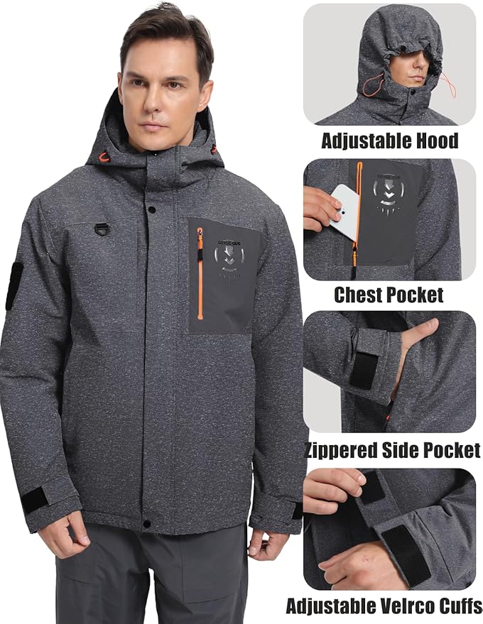 Men's Winter Jacket Waterproof Ski Snow Coat Windproof Snowboard Hooded Raincoats with Warm Graphene lining