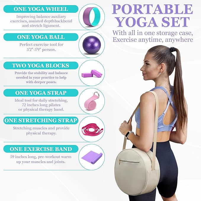 Yoga Wheel Set, Wheel Foam Roller for Back Pain & Stretching, Yoga Blocks 2 Pack with Strap, Trigger Point Therapy Massage Ball for Deep Tissue, 500lbs Capacity, Back Cracker Roller