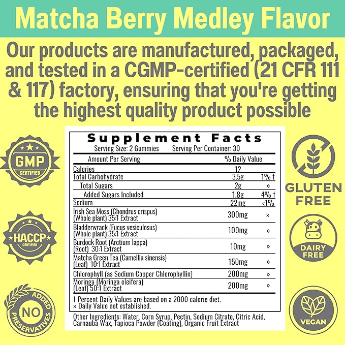 Moringa Irish Sea Moss Chlorophyll EGCg Green Tea Burdock Root Bladderwrack Super Greens Gummies, Powder Capsules Pills Liquid Drops Oil Tincture Supplement Supplements Alt, Organic Green Seamoss