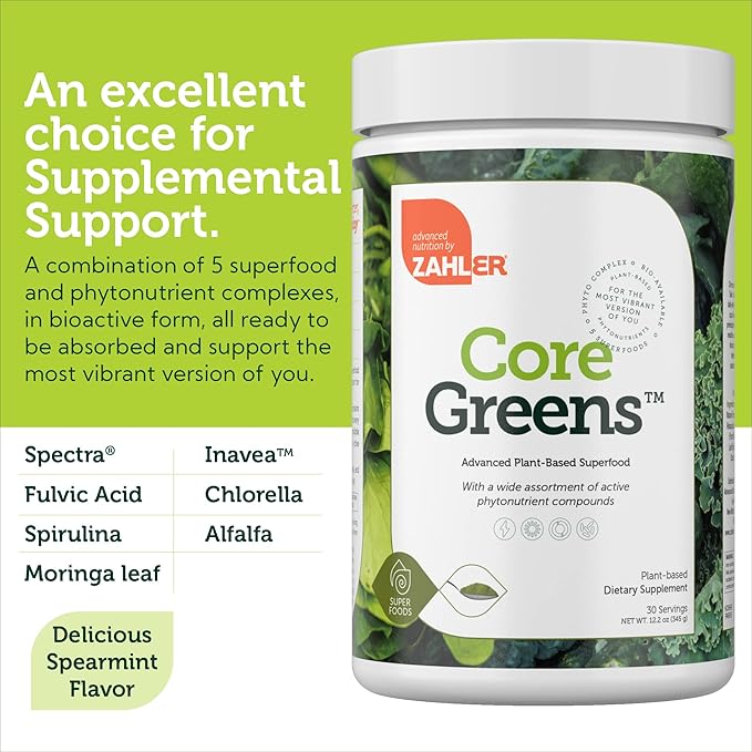 Zahler Core Greens Powder Nutrition Supplements - Superfood Powder - Super Green Juice & Smoothie Mix - Phytonutrient Rich with Spirulina, Chlorophyll & More - Kosher Superfood