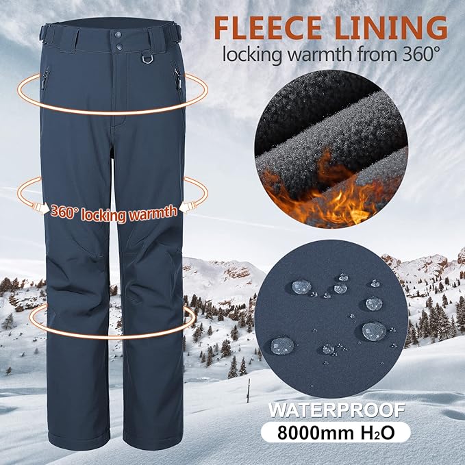 Outdoor Ventures Men's Lite Waterproof Windproof Fleece Lined Warm Hiking Ski Snow Pants Expandable-Waist