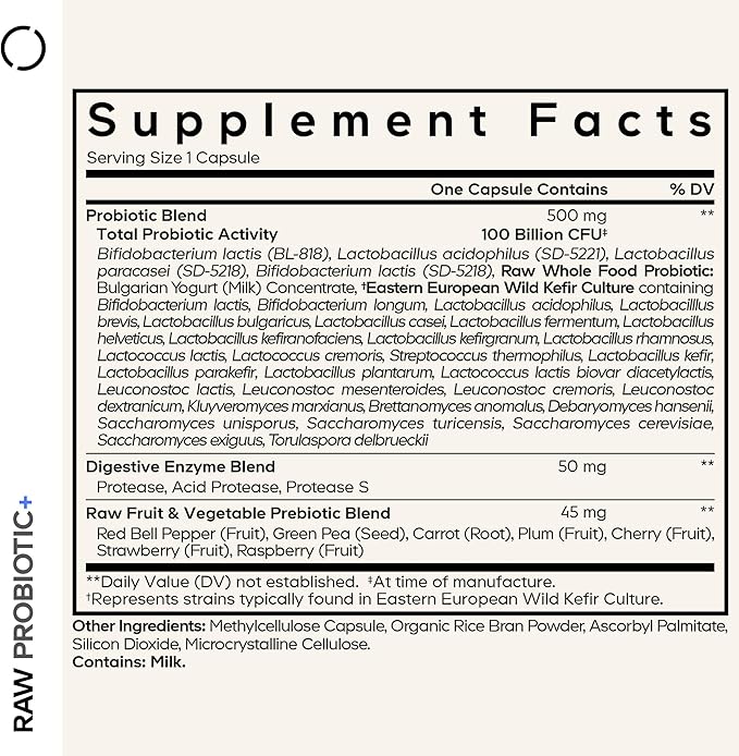 Codeage Raw Probiotic+ Supplement - 34 Probiotic Strains, 100 Billion CFUs, Raw Whole Food Probiotics, Digestive Enzymes, Raw Fruits & Veggies Prebiotics - Wild Kefir Culture - Non-GMO - 30 Capsules