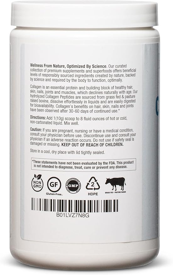 Collagen Peptides Powder - Grass-Fed, Pasture-Raised Hydrolyzed Protein Supplement for Skin, Hair, & Nails - Non-GMO, Zero Sugar Daily Supplement for Men & Women (30 Servings)