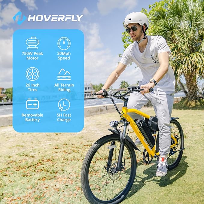 HOVERFLY OUREA 26" Electric Bike for Adults, 750W Peak Motor Mountain Ebike, 20MPH Up to 40 Miles, UL2849 Certified, 7-Speed, Removable Battery, Shock Absorber, Fat Tire Commuter E-Bike