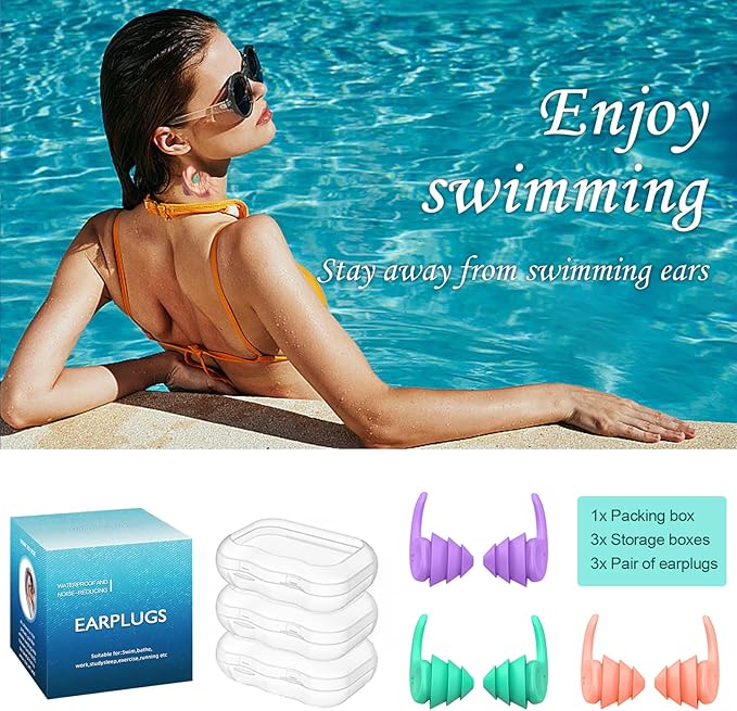 Swimming Ear Plugs for Adults,3 Pairs Waterproof Reusable Silicone Swim Earplugs for Swimming Surfing Snorkeling Showering and Water Pool,Beach,Ocean (Adults & Teens 14+)