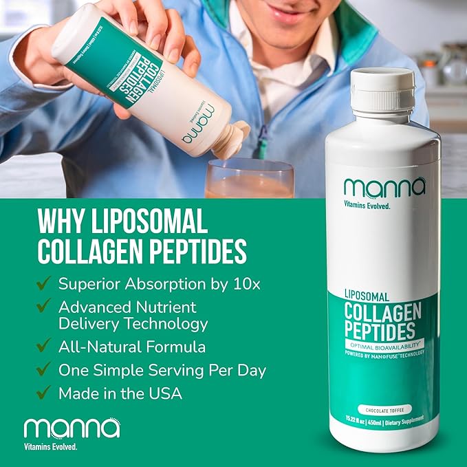 Manna Vitamins Evolved Liposomal Collagen Peptides Liquid, 5000mg High Absorption Grass-Fed Type I, III Collagen for Skin, Hair, Nails, Joints – Hydrolyzed Collagen Supplement, Non-GMO, 16oz (Unisex)