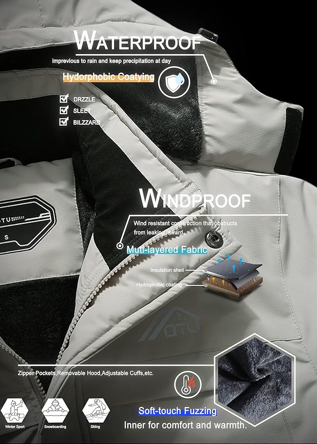 OTU Men's Waterproof Ski Jacket Snowboarding Windbreaker Warm Winter Hooded Mountain Snow Coat