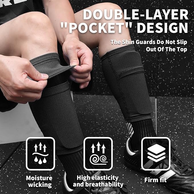 Soccer Shin Guards for Kids Youth Adults - Shin Pads and Sleeves with Optimized Insert Pocket for Boys Girls Men Women for Football Games - Protective Soccer Equipment