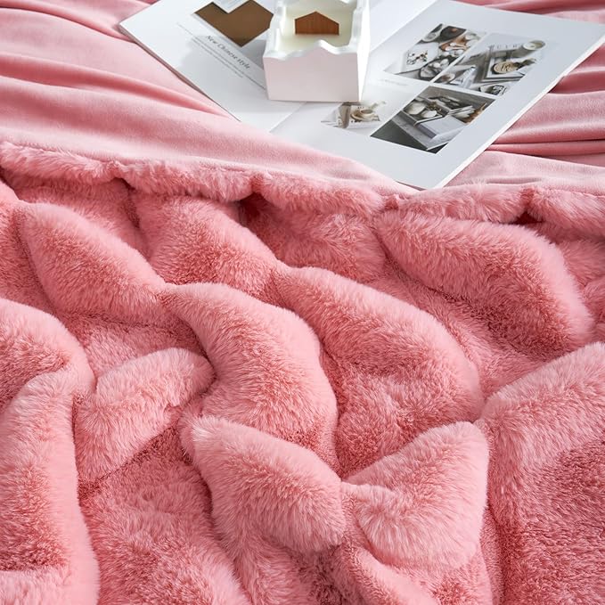 Cozy Bliss Faux Fur Throw Blanket for Couch, Cozy Warm Plush Striped Blanket for Sofa Bedroom Living Room, 90 * 90 Inches Hot Pink