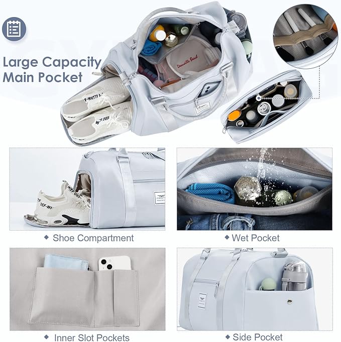 FIORETTO Womens Gym Tote Duffle Bag with Toiletry Bag, Sports Duffel Overnight Hospital Workout Carry on Bag for Girls with Wet Pocket & Shoe Compartment, Ideal for Travel, Swimming, Dance Grey