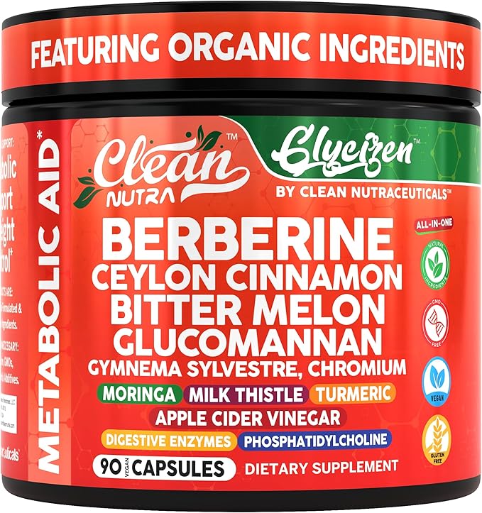 Clean Nutra Berberine Ceylon Cinnamon Bitter Melon Glucomannan Gymnema Sylvestre Chromium Moringa Milk Thistle Turmeric Apple Cider Vinegar Digestive Enzymes Inositol Supplement 90 Capsules