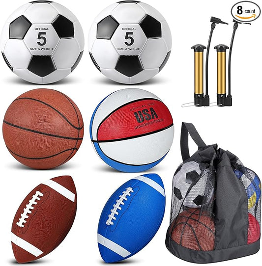 Sratte 6 Pcs Sports Balls Set for Kids Teens Adults Official Size Football Soccer Basketball with Pump Sports Equipment Bag for Youth Training Practice Gift Back to School