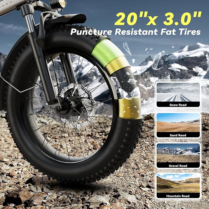 Foldable Electric Bike for Adults, 30+MPH, 48V 20Ah Removable Lithium Battery up to 80Miles, 20" Fat Tire 1000W Peak Motor Dirt Ebike Adult Electric Bicycle for Commute Beach Mountain E Bike