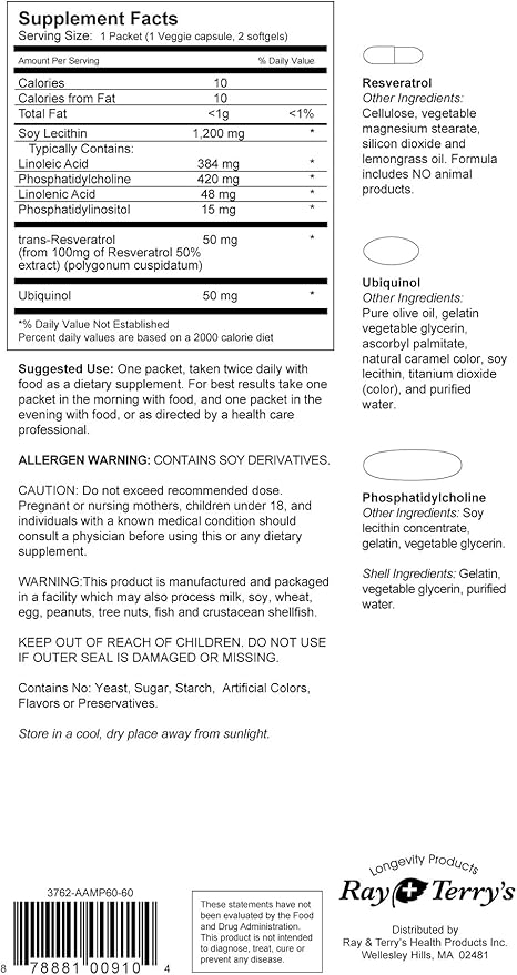 Transcend Ray and Terry's Anti-Aging Supplement Combination: 30 Day Supply Individual Dose Packets Contain 3 Supplements to Counterract Biochemical Aging