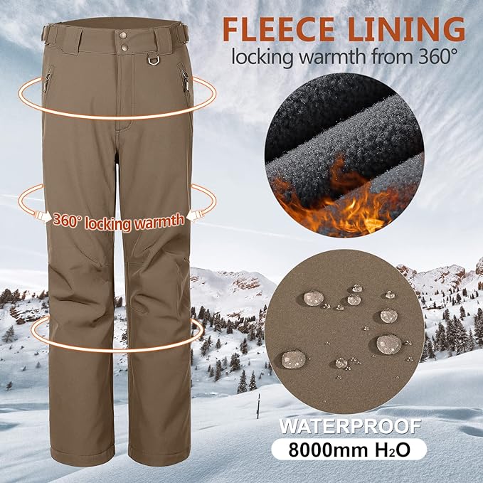 Outdoor Ventures Men's Lite Waterproof Windproof Fleece Lined Warm Hiking Ski Snow Pants Expandable-Waist
