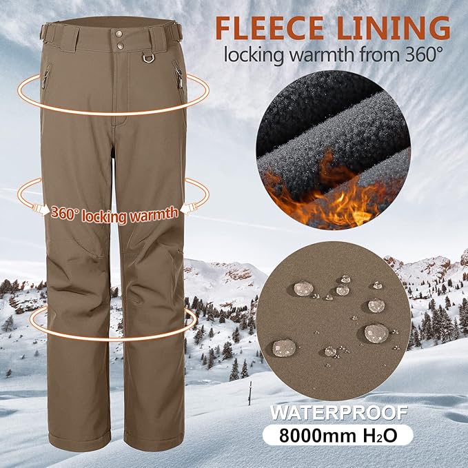Outdoor Ventures Men's Lite Waterproof Windproof Fleece Lined Warm Hiking Ski Snow Pants Expandable-Waist