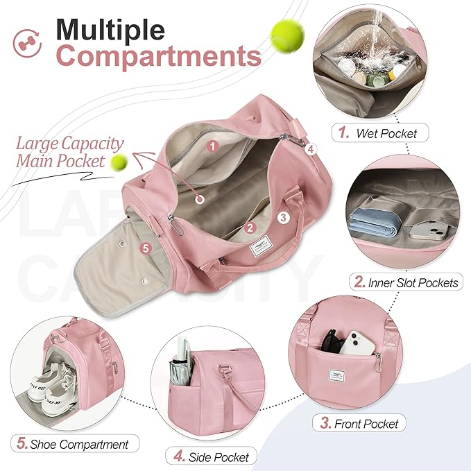 FIORETTO Womens Gym Tote Duffle Bag with Wet Pocket & Shoe Compartment, Sports Duffel Overnight Weekender Hospital Workout Carry on Bag for Girls, Ideal for Travel, Swimming, Dance, Ballet Pink
