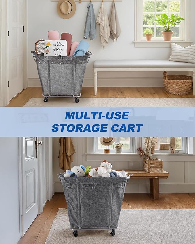 PLKOW Laundry Cart with Wheels 320L Large Rolling Laundry Cart for Commercial/Home, Rolling Laundry Basket with Steel Frame and Waterproof Lining, 9 Bushel, 32.3L x 19.7W x 30.7H Inch, Grey