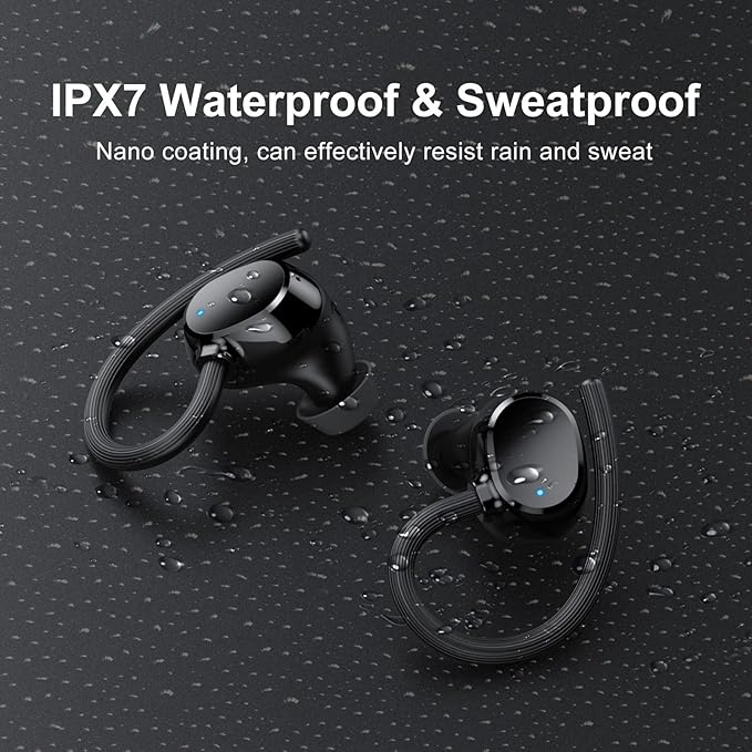 Wireless Earbuds, HiFi Stereo Sport Bluetooth 5.3 in-Ear Headphones with Earhooks, 48H Deep Bass, LED Display, Noise Cancelling, IP7 Waterproof Earphones Built-in Microphone for Running