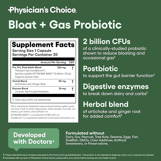 Physician's CHOICE Bloat & Gas Probiotic 5-in-1 Proactive Support + Daily Relief - Digestion & Gut Health- Herbals, Digestive Enzymes, Post & Prebiotics - Gas Relief for Adults - Women & Men - 30ct