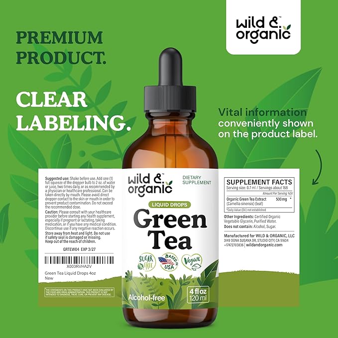 Wild & Organic Green Tea Extract Liquid Drops - Antioxidant-Rich Green Tea Supplement - 2-Month Supply - Vegan, Sugar & Alcohol-Free Camellia Sinensis Tincture - 4 fl oz