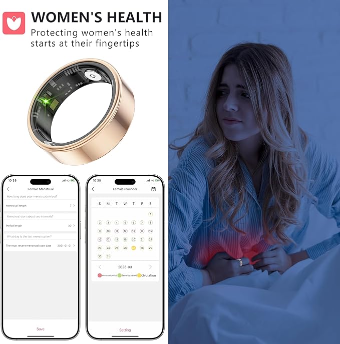Thin Smart Ring for Fitness & Health Tracking -Pedometer,Sleep/Heart Rate/Blood Oxygen Monitor, Gesture Control / 5ATM Waterproof -No APP Subscription Compatible with Android& iOS (Rose Gold, 7)