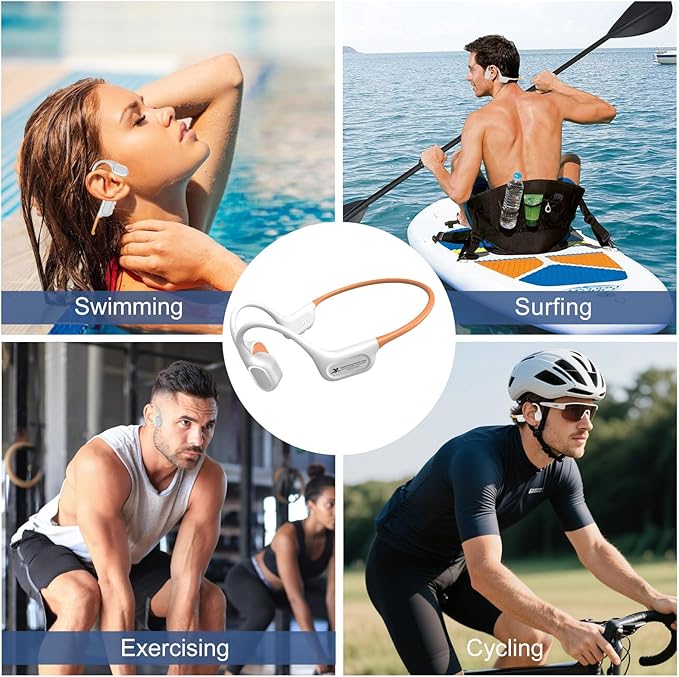 Bone Conduction Bluetooth Headphones-SurfAudio, IP68 Waterproof Swimming Headphones with 32GB MP3 Player, Lightweight Open Ear Design for Swimming/Surfing/Marathon/Cycling((Beige Orange)