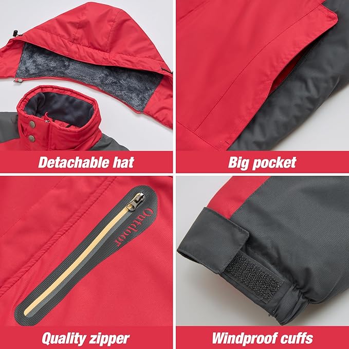 Men's Winter Ski Jacket Warm Waterproof Fleece Liner Snow Coat Hooded Windproof Mountain Raincoat
